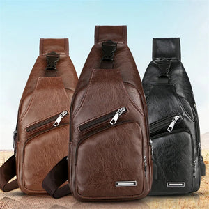 Men's USB Chest Bag Messenger Leather Shoulder Bags