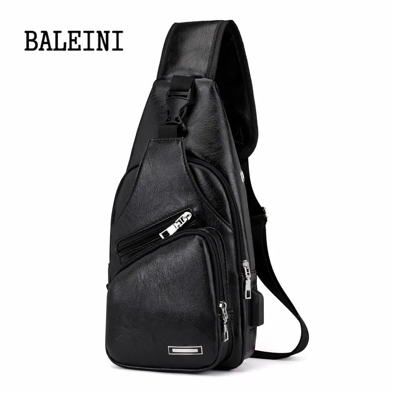 Men's USB Chest Bag Messenger Leather Shoulder Diagonal Travel
