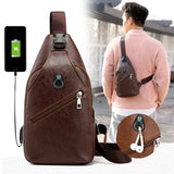 Men's Leather Crossbody Bag USB Chest Messenger Shoulder Diagonal Travel Pack