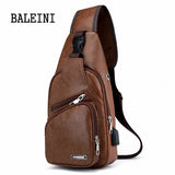 Men's USB Chest Bag Messenger Leather Shoulder Diagonal Travel
