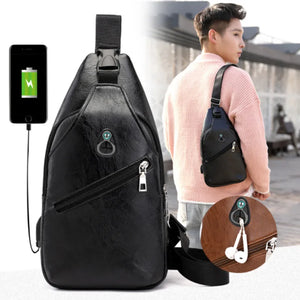 Men's Leather Crossbody Bag USB Chest Messenger Shoulder Diagonal Travel Pack