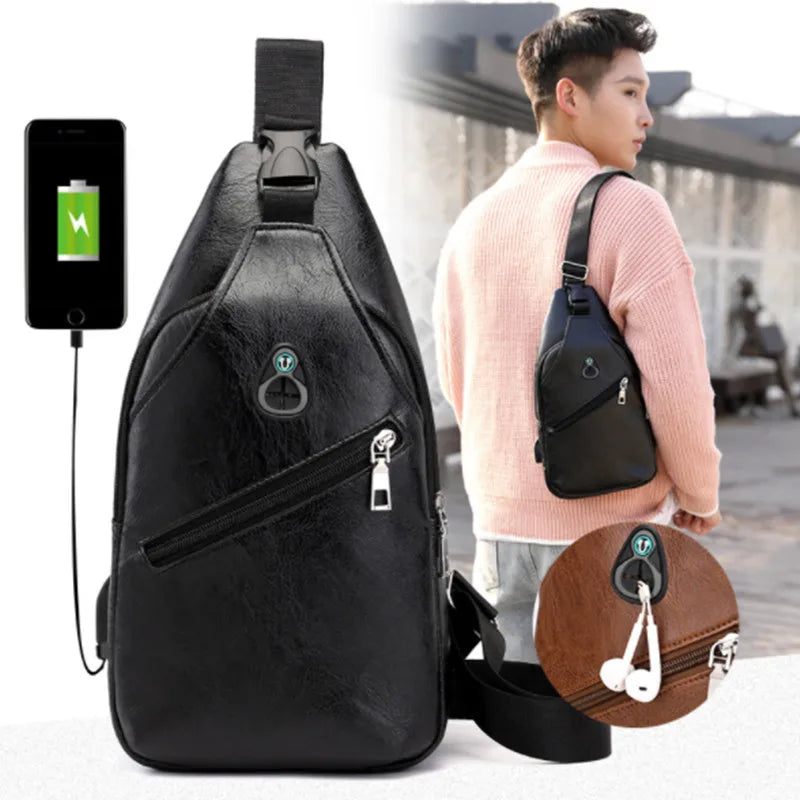 Men's Leather Crossbody Bag USB Chest Messenger Shoulder Diagonal Travel Pack