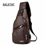 Men's USB Chest Bag Messenger Leather Shoulder Diagonal Travel