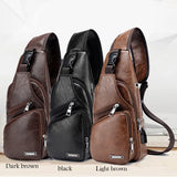 Men's Crossbody Chest Bag USB Charging Leather Shoulder Bag