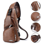 Men's Crossbody Chest Bag USB Charging Leather Shoulder Bag