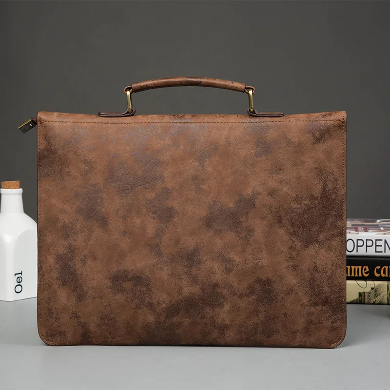 Men's Leather Briefcase Office Handbag Vintage File Bag Brown