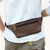 Men's PU Leather 3-Layer Fanny Pack with Earphone Hole Waist Bag