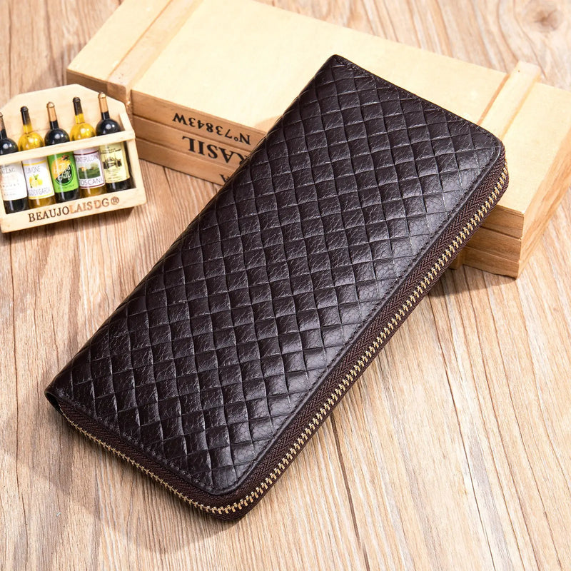 Men's High Weaven Leather Long Wallet Natural Leather Purse
