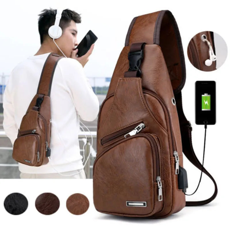 Men's Vintage PU Leather Messenger Bag USB Charging Crossbody Bag