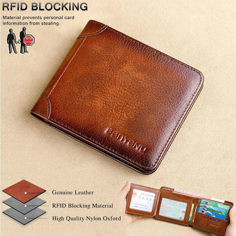Men's RFID Blocking Leather Wallet Bifold Slim Short Capacity Cow Skin Purse