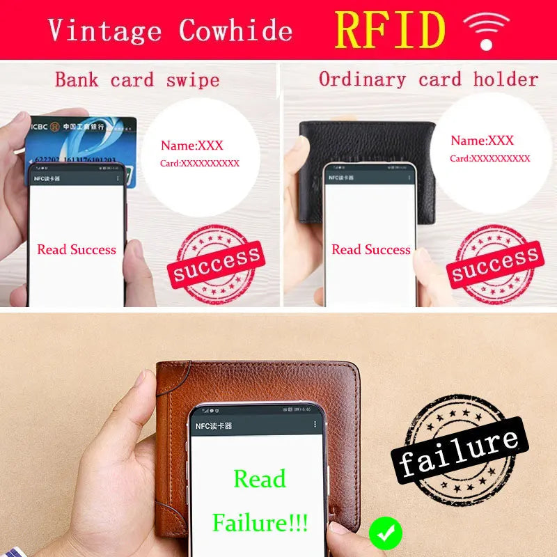 Men's RFID Blocking Leather Wallet Bifold Slim Short Capacity Cow Skin Purse
