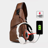 Men's Shoulder Bag Sling Chest Pack PU Leather USB Charging Sports Crossbody Bag