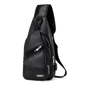 Men's Shoulder Bag Sling Chest Pack PU Leather USB Charging Sports Crossbody Bag