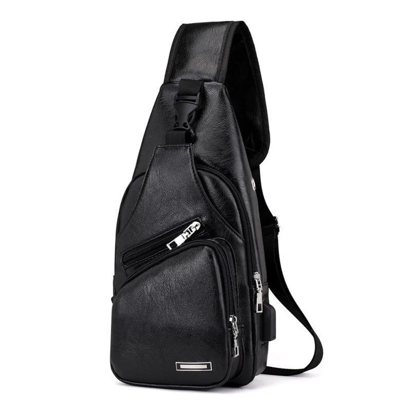 Men's Shoulder Bag Sling Chest Pack PU Leather USB Charging Sports Crossbody Bag