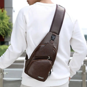 Men's Shoulder Bag Sling Chest Pack PU Leather USB Charging Sports Crossbody Bag