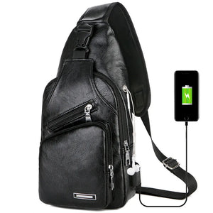 Men's Leather Chest Bag USB Charging Cross Body Travel Shoulder Bag