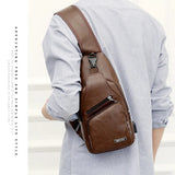 Men's Leather Chest Bag USB Charging Cross Body Travel Shoulder Bag