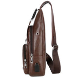 Men's USB Chest Bag PU Leather Shoulder Bags Travel Chest Bag Bolso Hombre