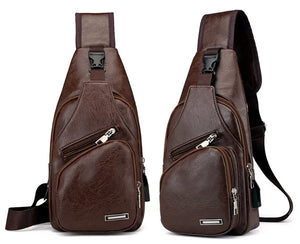 Men's USB Chest Bag PU Leather Shoulder Bags