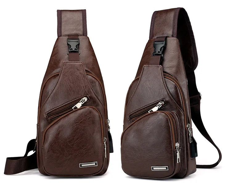 Men's USB Chest Bag PU Leather Shoulder Bags