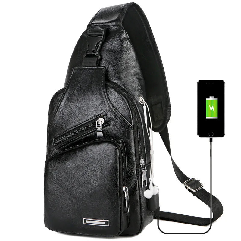 Men's USB Chest Bag PU Leather Shoulder Bags Travel Chest Bag Bolso Hombre