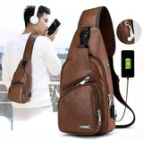 Men's USB Chest Bag PU Leather Shoulder Bags