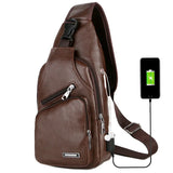 Men's USB Chest Bag PU Leather Shoulder Bags Travel Chest Bag Bolso Hombre