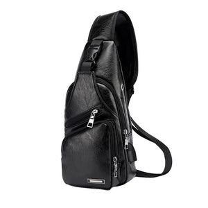 Men's USB Chest Bag PU Leather Shoulder Messenger Crossbody