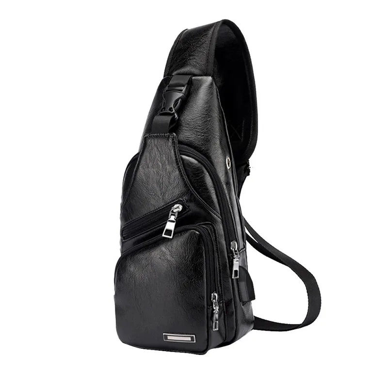 Men's USB Chest Bag PU Leather Shoulder Messenger Crossbody