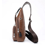 Men's USB Chest Bag PU Leather Shoulder Messenger Crossbody
