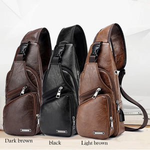 Men's USB Chest Bag PU Leather Shoulder Messenger Crossbody