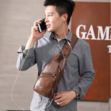 Men's USB Chest Bag PU Leather Shoulder Messenger Crossbody