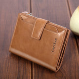 Men's Short Wallet Button Zipper Oil Wax Leather Clutch Bag