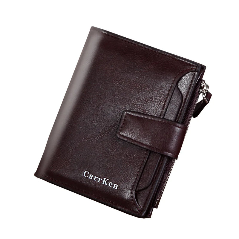 Men's Short Wallet with Large-capacity Zipper, Oil Wax Leather