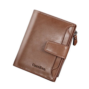Men's Short Wallet Button Zipper Oil Wax Leather Clutch Bag