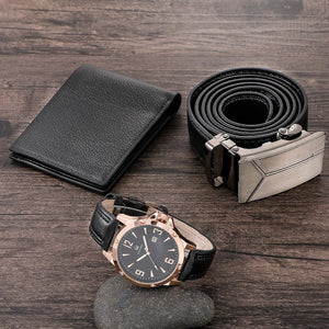 Men's Watch+Wallet+Belt Set Gift for Father Boyfriend PU Strap