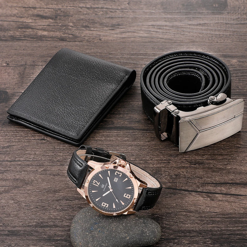 Men's Watch+Wallet+Belt Set Gift for Father Boyfriend PU Strap