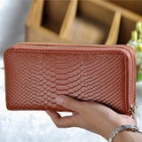 Crocodile Print Leather Double Zipper Wallet Handbag