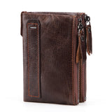 Men's Leather Wallet Double Zipper Coin Purse Short Oil Wax Leather Wallet
