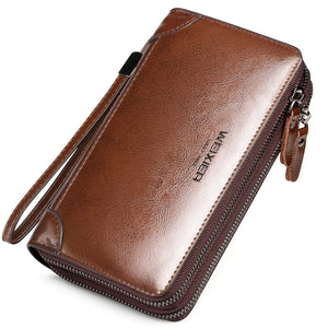 Men's Long Cowhide Leather Wallet Zipper Clutch