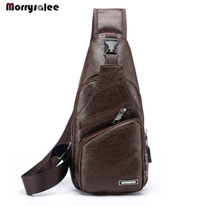 Men's Chest Bag Shoulder Messenger Bag PU Leather Zipper Travel Crossbody Bag