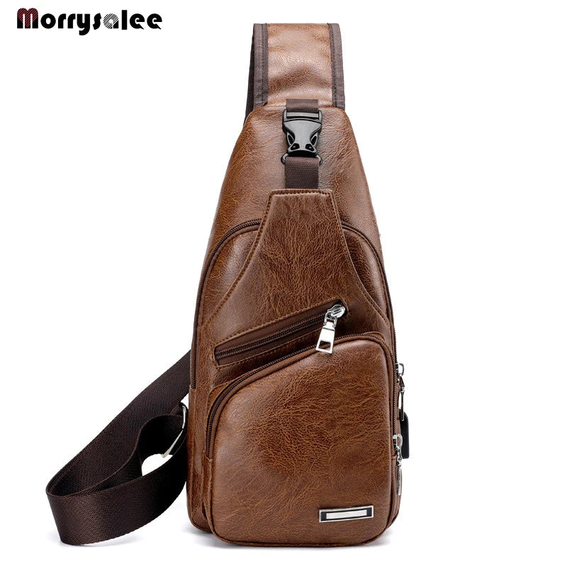 Men's Chest Bag Shoulder Messenger Bag PU Leather Zipper Travel Crossbody Bag