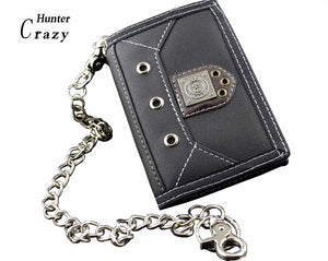 Mens Teen Steel Biker Style Canvas Trifold Leather Wallet Purse With Chain
