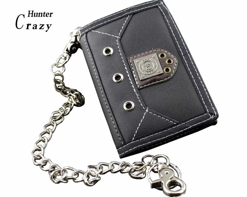 Mens Teen Steel Biker Style Canvas Trifold Leather Wallet Purse With Chain