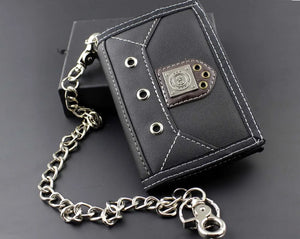 Mens Teen Canvas Trifold Leather Wallet with Chain