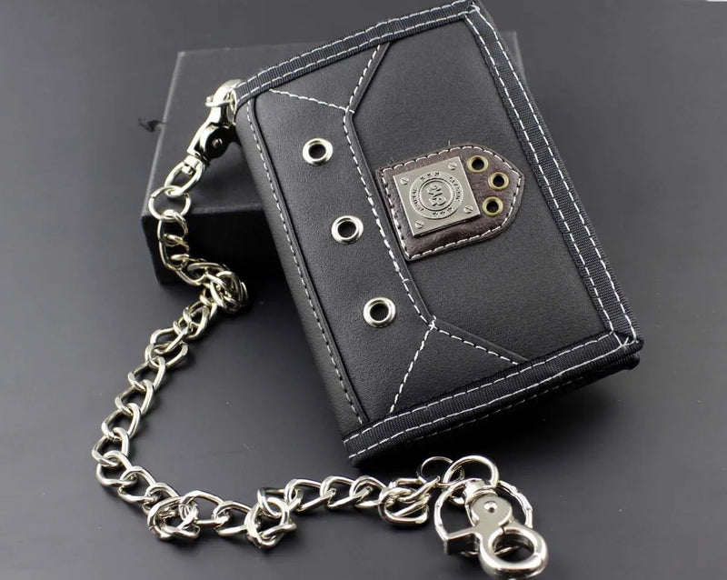 Mens Teen Canvas Trifold Leather Wallet with Chain