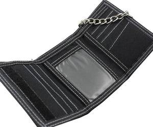 Mens Teen Steel Biker Style Canvas Trifold Leather Wallet Purse With Chain