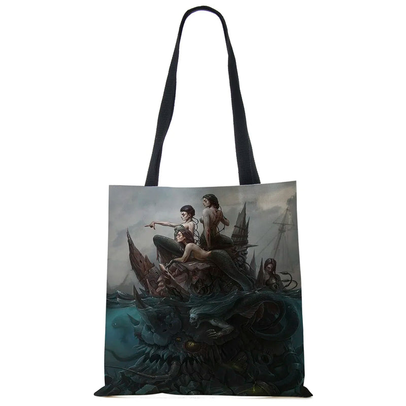 Mermaid Print Tote Shoulder Bag For Women Shopping Reusable Bags Large Travel Sc