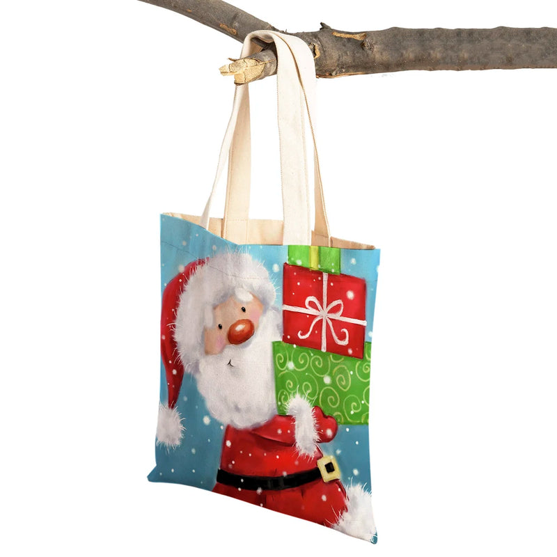 Christmas Women Shopping Bag Santa Claus Snowman Foldable Reusable Canva