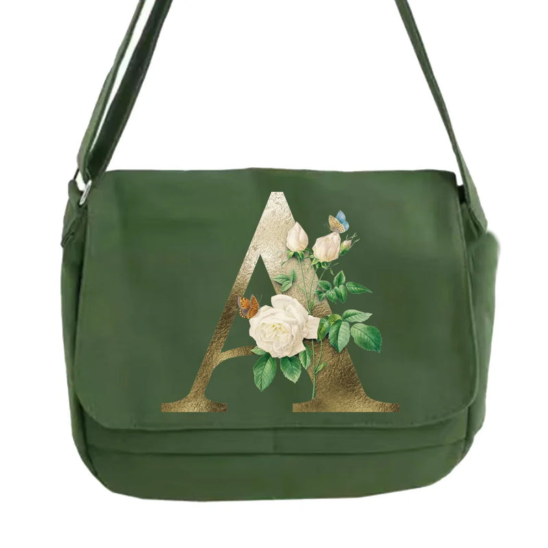 Golden Flower Pattern Messenger Bag for Art Students